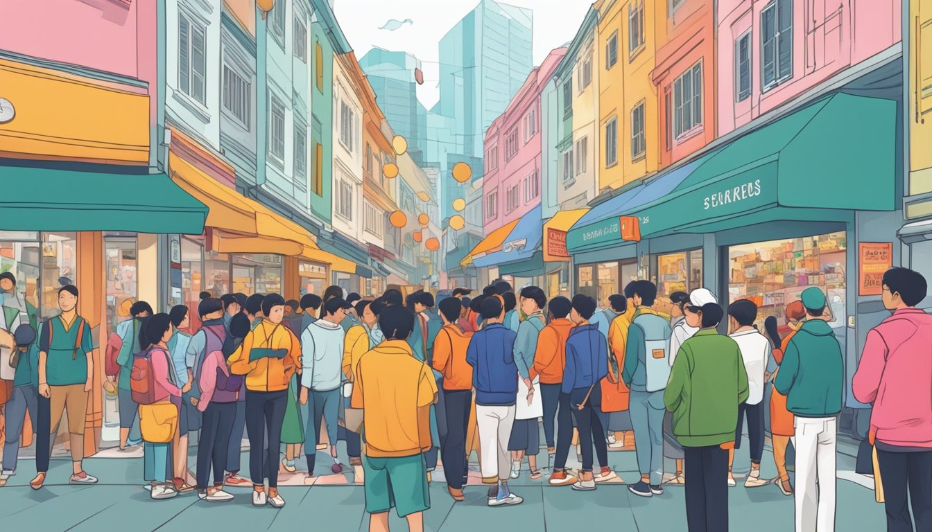 A crowded street in Singapore, with colorful storefronts displaying varsity jackets. Customers browsing and asking questions to shopkeepers