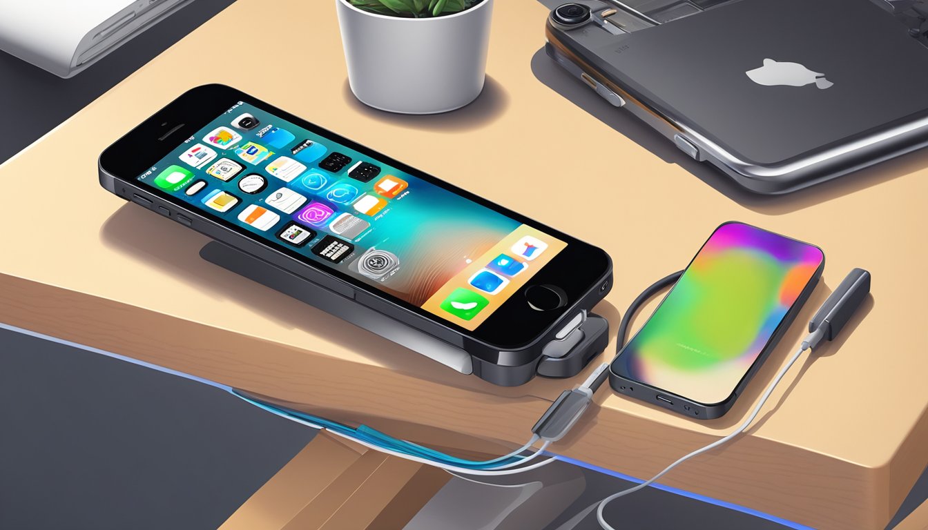 An iPhone 5 resting on a sleek, modern desk with a charging cable plugged in, surrounded by a variety of colorful phone cases and accessories