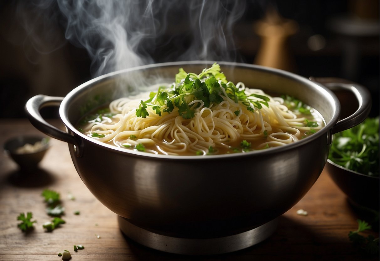 Steam rises from a bubbling pot of broth as noodles are carefully placed into bowls. Garnishes of green onions and cilantro are sprinkled on top before the bowls are served