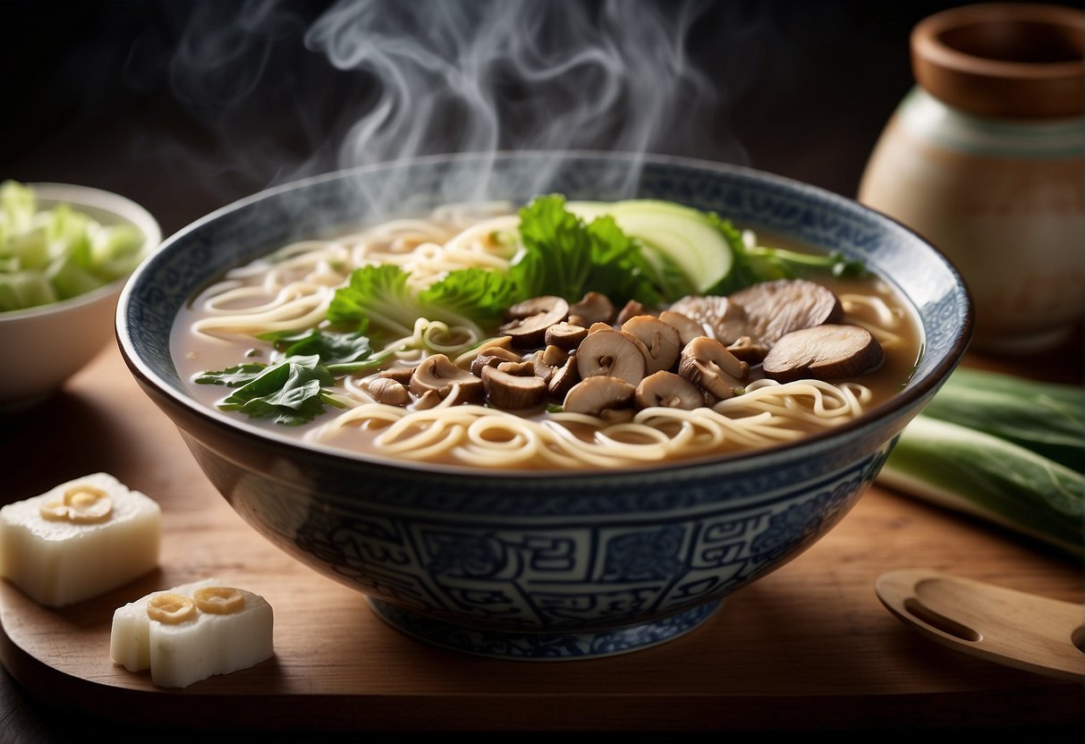 A steaming bowl of Chinese noodle soup surrounded by ingredients like bok choy, mushrooms, and sliced meat, with chopsticks resting on the side