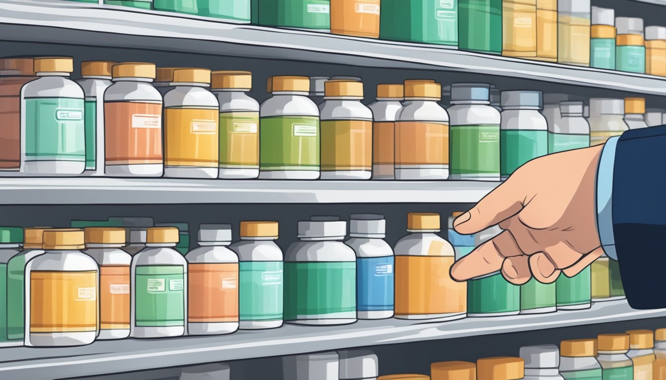 A hand reaches for a bottle of chloroquine on a pharmacy shelf