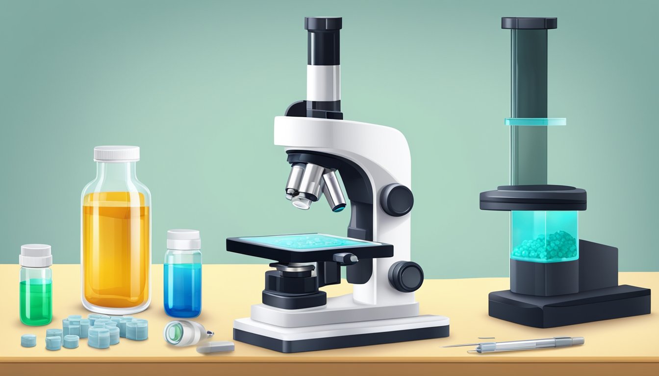 A laboratory table with a bottle of chloroquine, a pipette, and a microscope