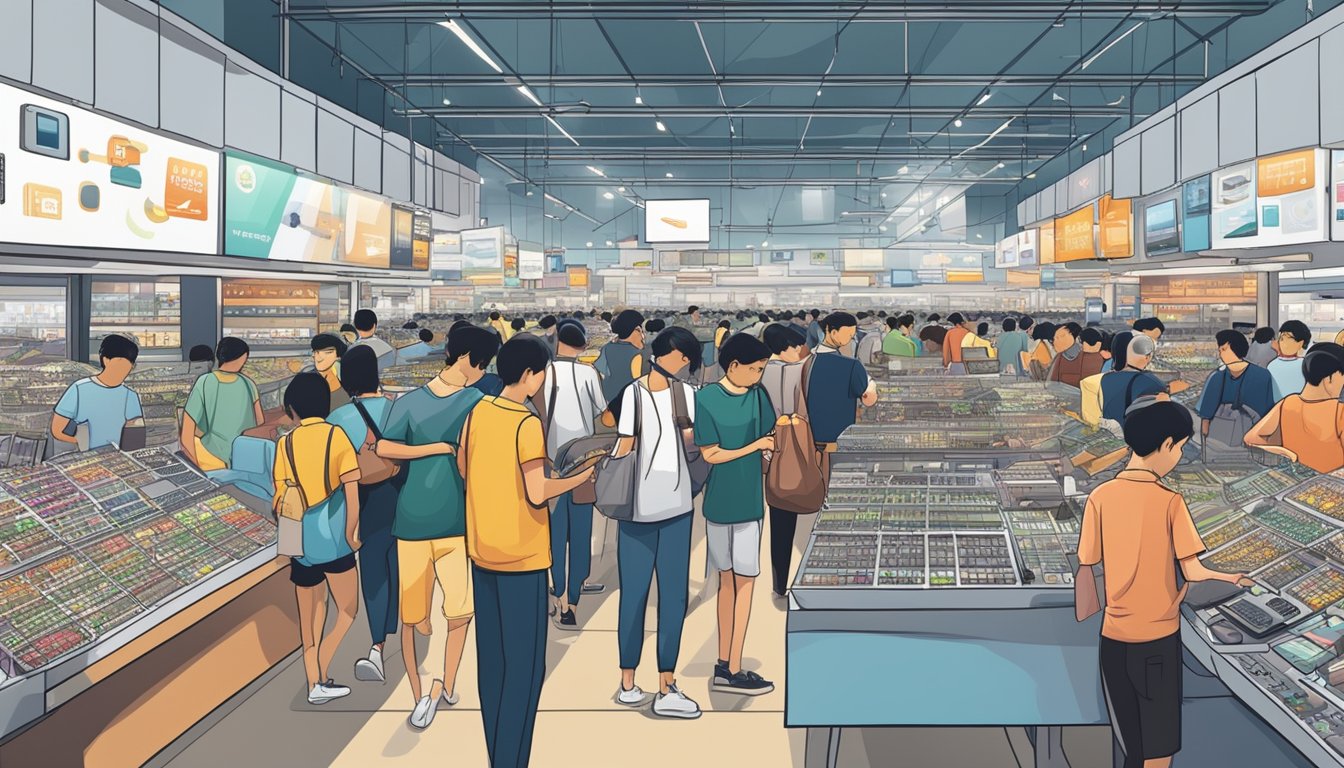 A bustling electronics marketplace in Singapore, with rows of stalls selling used mobile phones, bright signs and eager customers