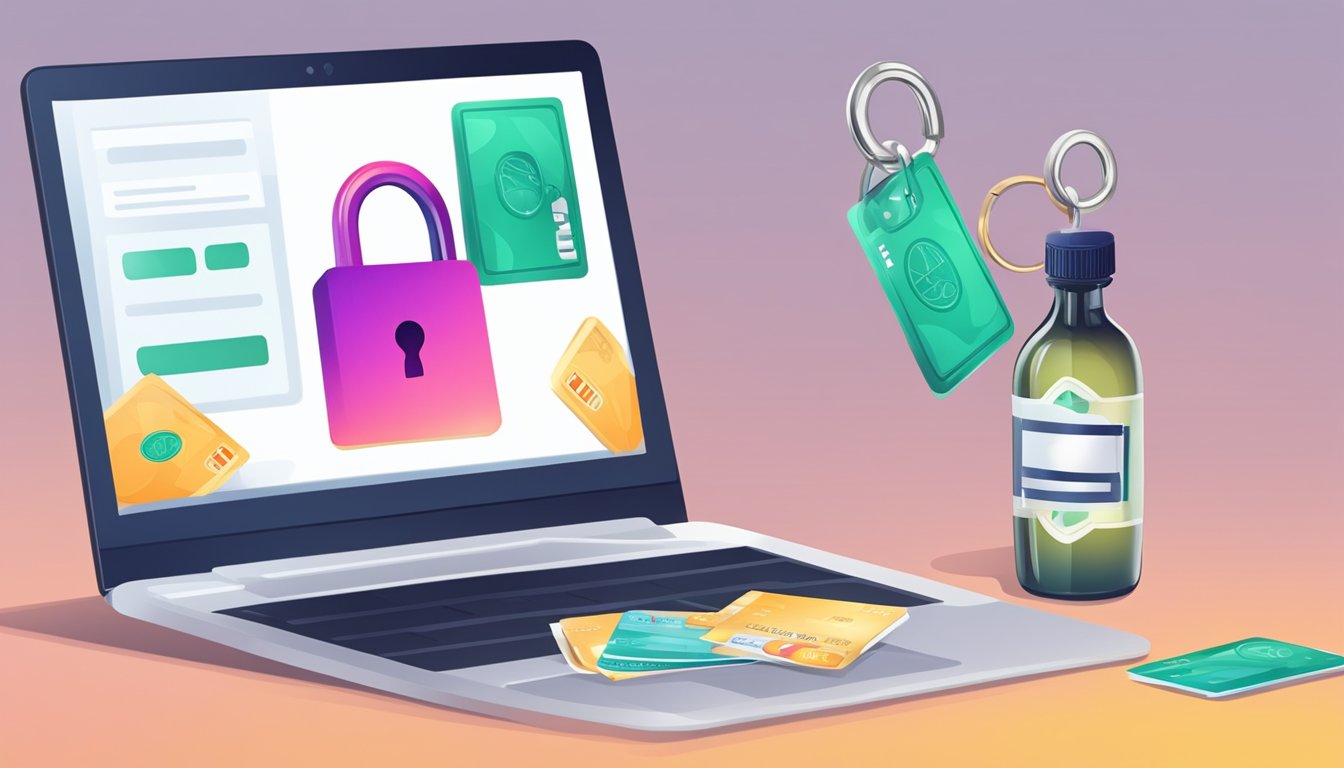A computer screen with a secure lock symbol, a credit card, and a bottle of chloroquine displayed on a virtual shopping website