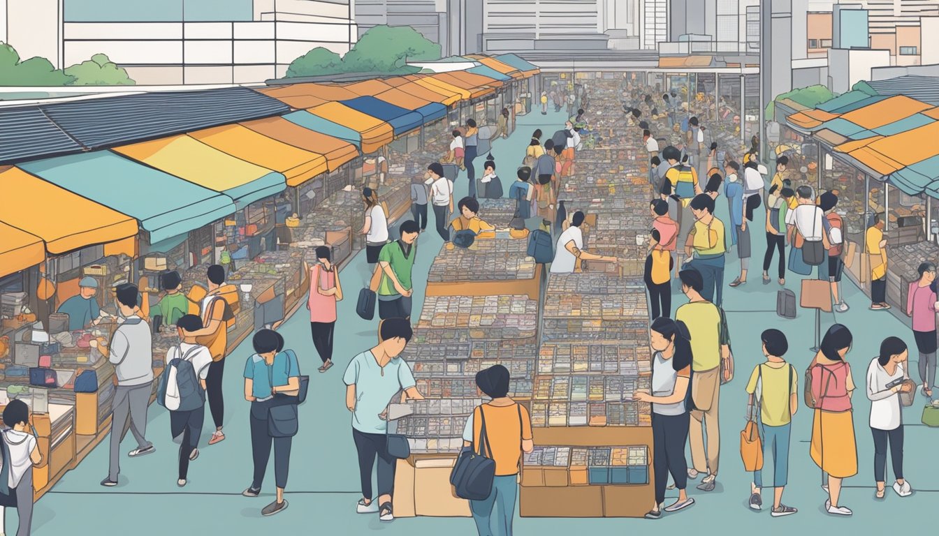 A bustling marketplace with rows of stalls selling used mobile phones in Singapore. Customers browse through the various models, while sellers negotiate prices