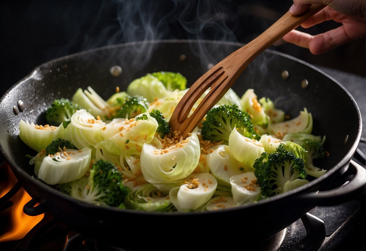 Cabbage slices sizzle in a hot wok with garlic, ginger, and soy sauce, creating a fragrant and colorful stir-fry