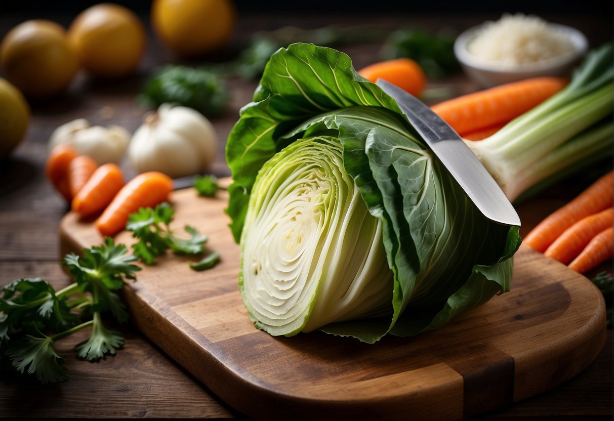 Fresh cabbage, carrots, and green onions are laid out on a wooden cutting board. A chef's knife is poised to chop the ingredients for a Chinese stir fry