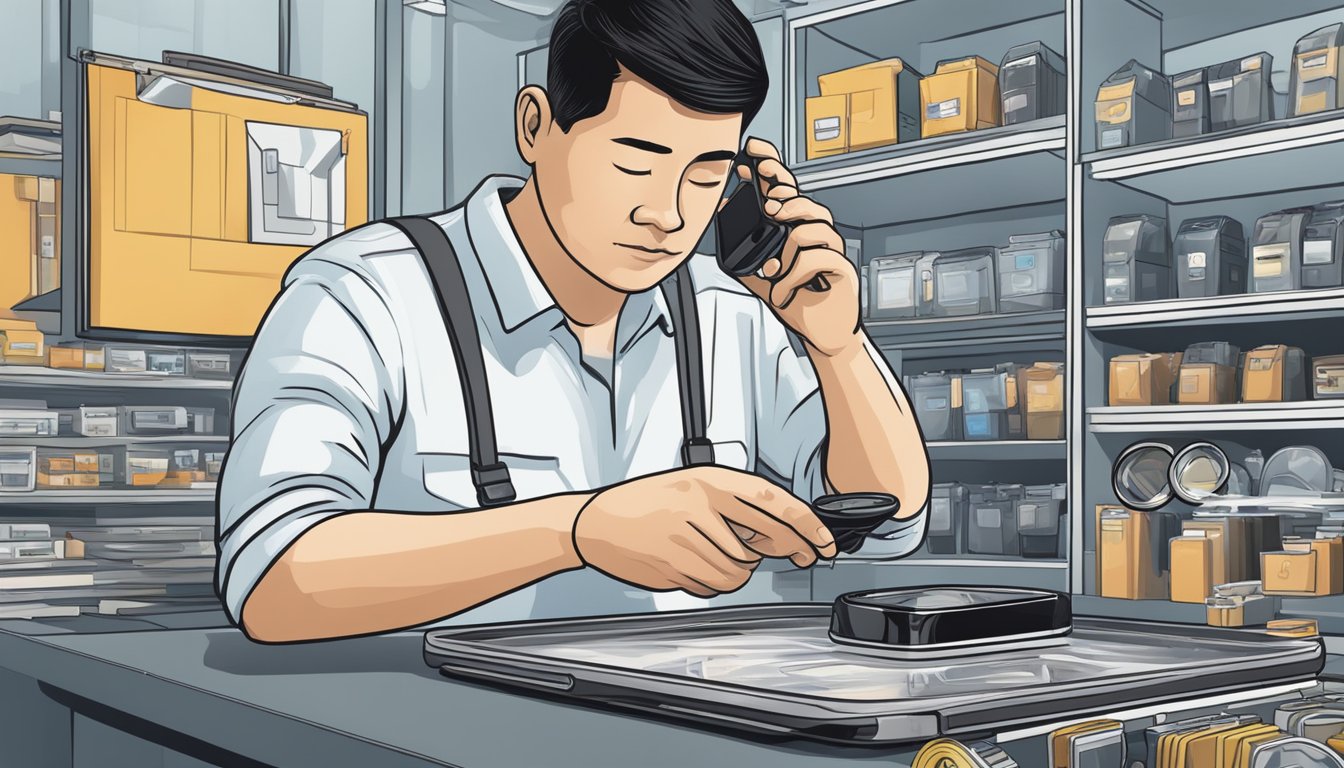 A technician inspects a used mobile phone with a magnifying glass, checking for authenticity and quality at a store in Singapore