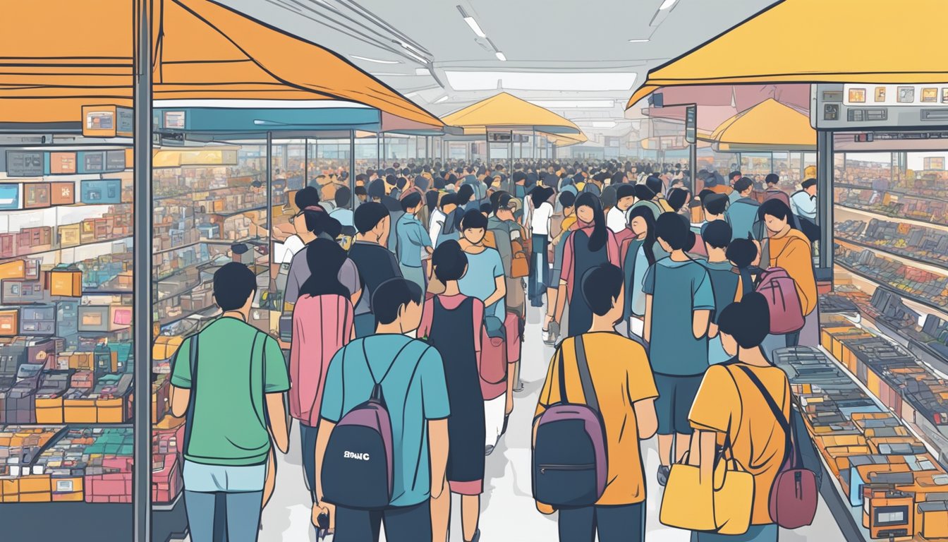 A bustling electronics marketplace with rows of vendors selling used mobile phones in Singapore. Shoppers browse through various models and compare prices