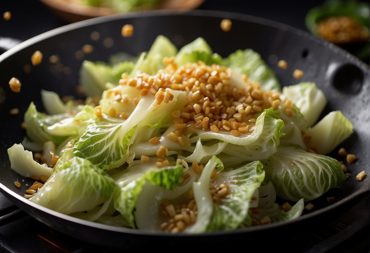 Cabbage pieces sizzle in a hot wok with oil, garlic, and ginger. A splash of soy sauce adds color and flavor