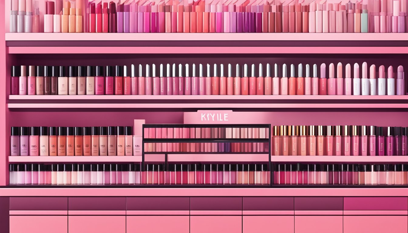 A display of Kylie Lip Kits in a Singaporean beauty store, with various shades and products neatly arranged on shelves