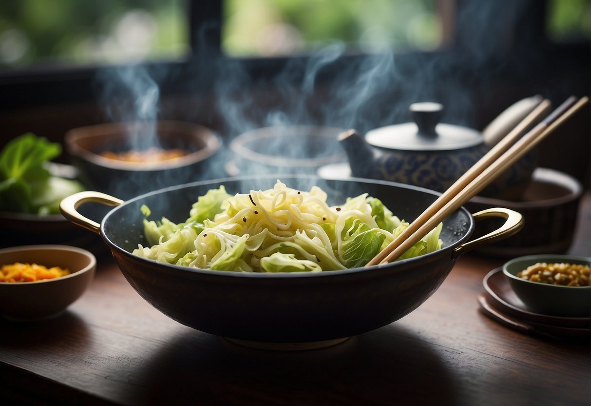 A sizzling wok of stir-fried cabbage with vibrant colors and aromatic steam, accompanied by a set of chopsticks and a traditional Chinese tea set
