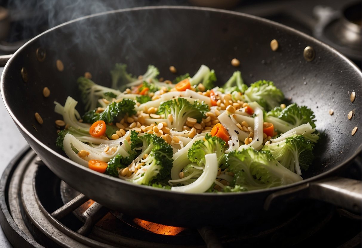 A wok sizzles with cabbage, garlic, and soy sauce. Steam rises as the ingredients are tossed together, creating a flavorful stir-fry