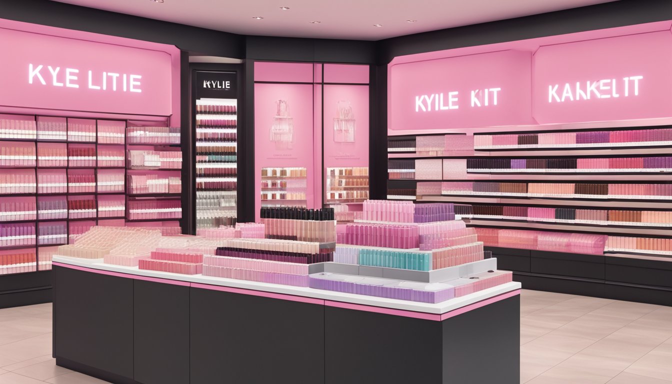 A display of Kylie Lip Kit products with a "Frequently Asked Questions" sign in a Singapore retail store