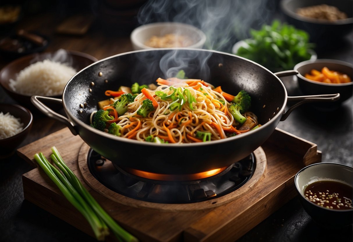 A steaming wok sizzles with stir-fried vegetables and chewy noodles, as a fragrant sauce is poured over the dish. Garnished with fresh green onions and sesame seeds