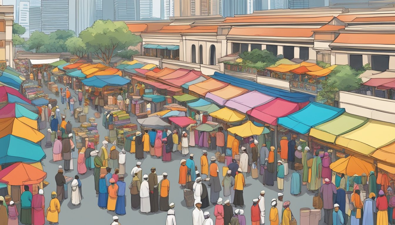 A bustling marketplace in Singapore, with colorful stalls selling a variety of turbans. Customers browse through the vibrant selection, while vendors call out their prices and qualities