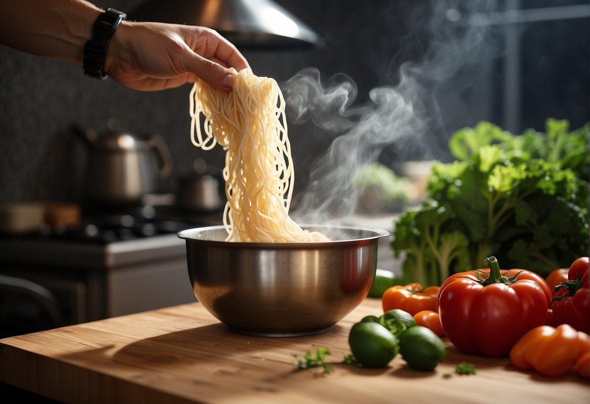 A hand reaches for fresh vegetables and a bag of Chinese noodles on a wooden cutting board. A pot of boiling water steams in the background