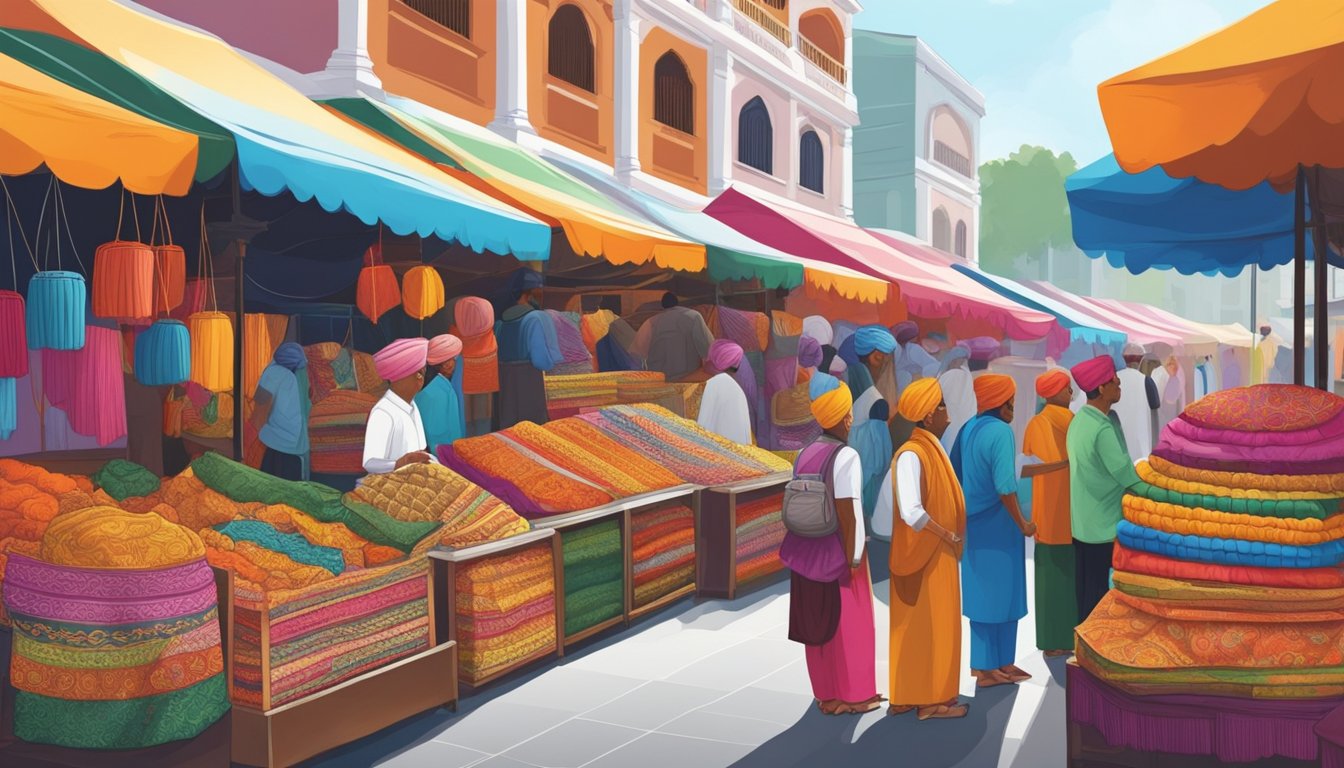 Vibrant market stalls display colorful turbans in Singapore's Little India. Bright fabrics and intricate designs catch the eye of passersby
