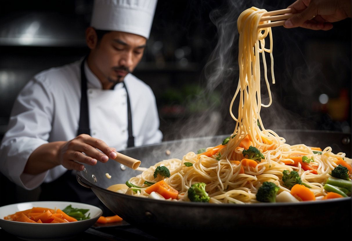 A chef tosses fresh noodles in a wok with colorful vegetables and savory sauces, creating a sizzling and aromatic dish