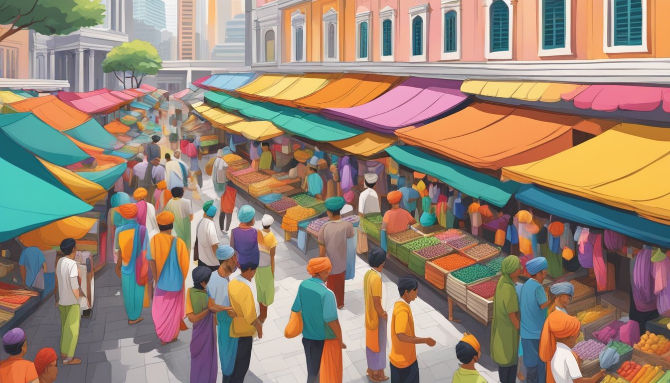 A vibrant outdoor market with colorful turban stalls, bustling with shoppers and vendors in Singapore. Bright fabrics and intricate designs on display