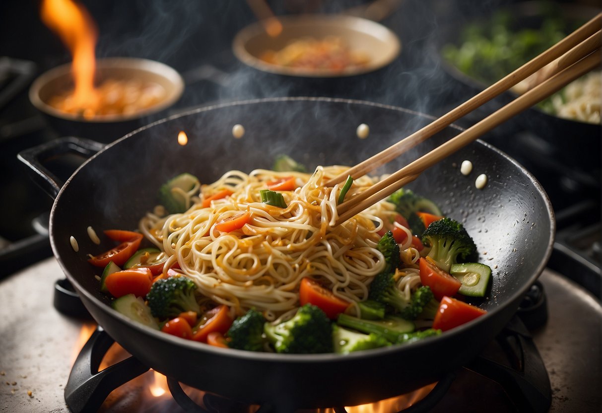 A wok sizzles as noodles are stir-fried with vegetables and savory sauce, creating aromatic steam and a mouthwatering dish