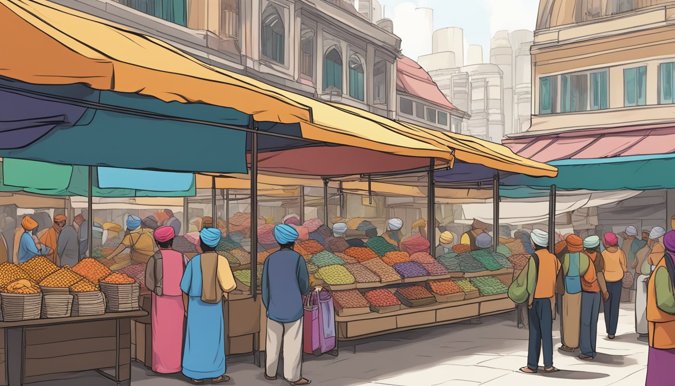 A bustling marketplace with colorful displays of turbans and a sign reading "Where to buy turban in Singapore" above a vendor's stall