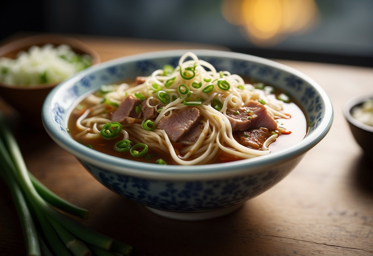 A steaming bowl of hand-pulled noodles in savory broth, topped with sliced green onions, tender slices of pork, and a sprinkle of chili flakes