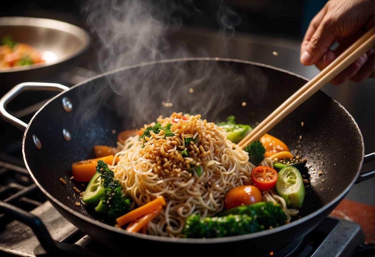 A wok sizzles as noodles are tossed with soy sauce, garlic, and ginger. Steam rises as the chef adds a colorful mix of vegetables and protein, finishing with a sprinkle of sesame seeds