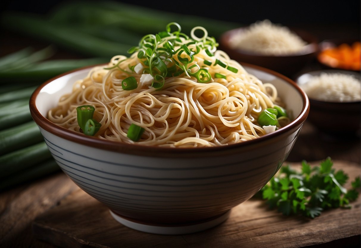 A steaming bowl of Chinese noodles surrounded by ingredients like soy sauce, sesame oil, garlic, and green onions