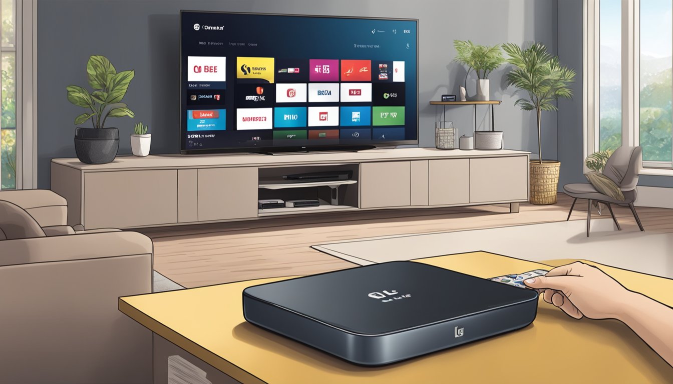 A hand reaches for the LG Smart TV remote on a sleek, modern coffee table, with the Best Buy logo visible in the background