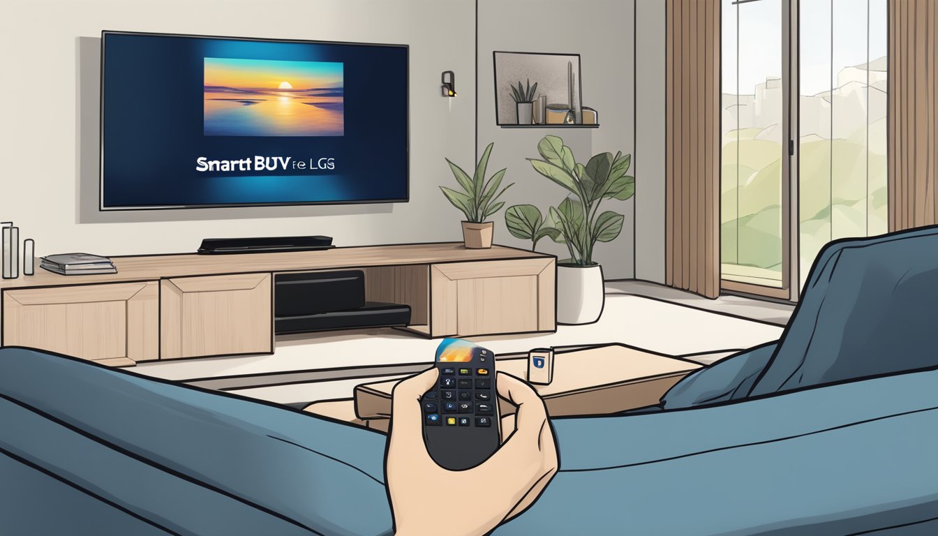 A hand reaches for the sleek LG smart TV remote on a coffee table, with the Best Buy logo in the background