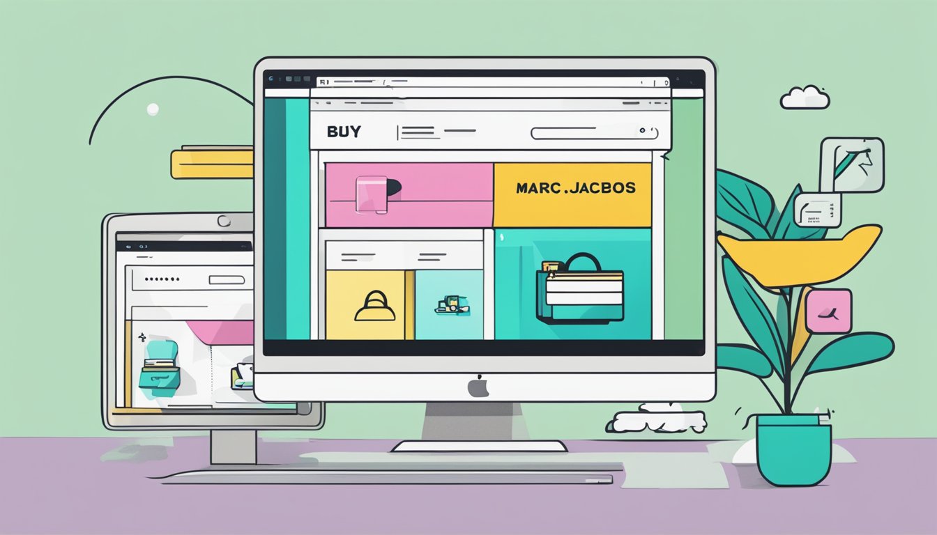 A computer screen displaying the Marc Jacobs website with a cursor clicking on the "buy online" button