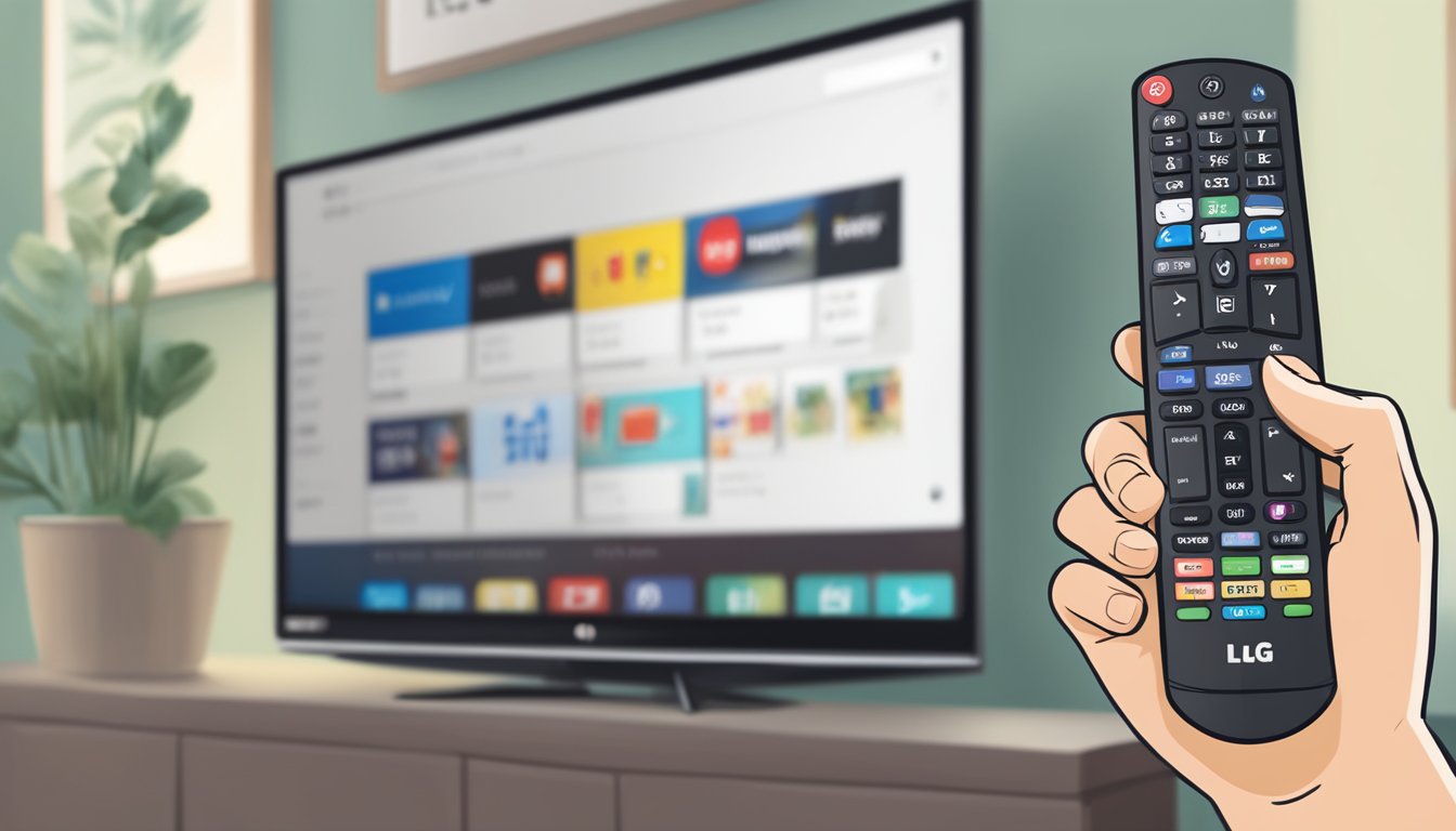 A hand holding an LG smart TV remote, with a best buy logo in the background, surrounded by frequently asked questions