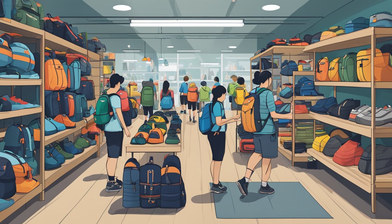 A bustling outdoor gear store in Singapore, shelves stocked with trekking boots, backpacks, and camping equipment. Customers browse the latest gear while staff assist with fitting and recommendations