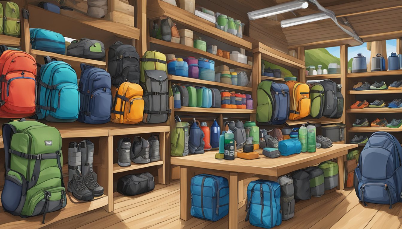 A display of trekking gear in a Singapore outdoor store, featuring backpacks, hiking boots, tents, and water bottles