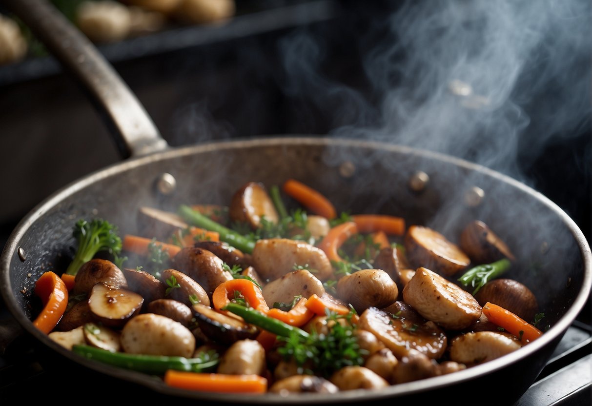 Sizzling chicken and mushrooms in a wok, steam rising, with colorful vegetables and aromatic spices nearby