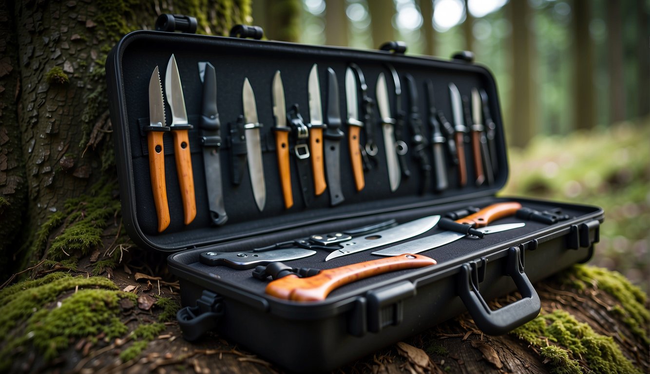 A sturdy, weather-resistant case holds an assortment of knives, secured in place with elastic straps. The case is attached to a backpack or hung from a tree branch, surrounded by camping gear