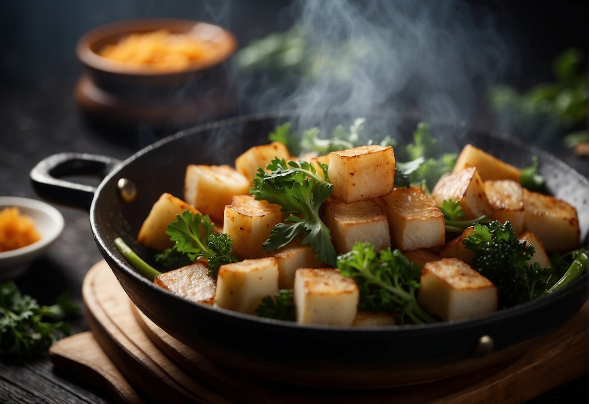 Chinese yam pieces sizzle in hot wok. Soy sauce and spices add aroma. Greens and other vegetables wait nearby