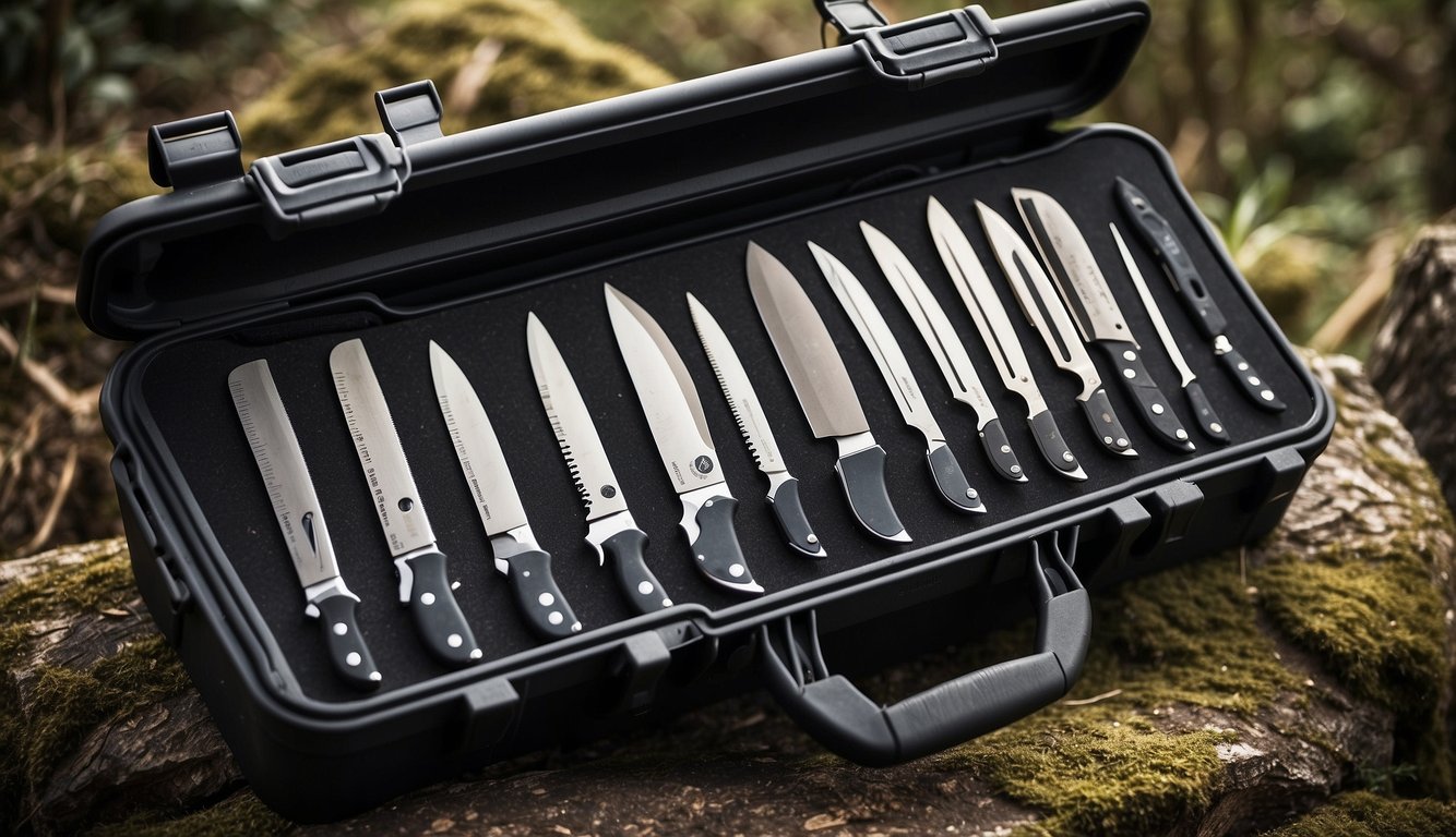 A sturdy, weather-resistant storage case holds a variety of knives, from pocket-sized to larger blades, with secure straps and compartments for easy access