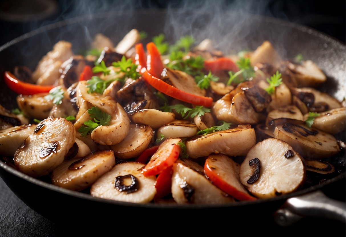 Sliced chicken and mushrooms sizzle in a wok with aromatic Chinese spices and sauces. Steam rises as the ingredients are tossed together