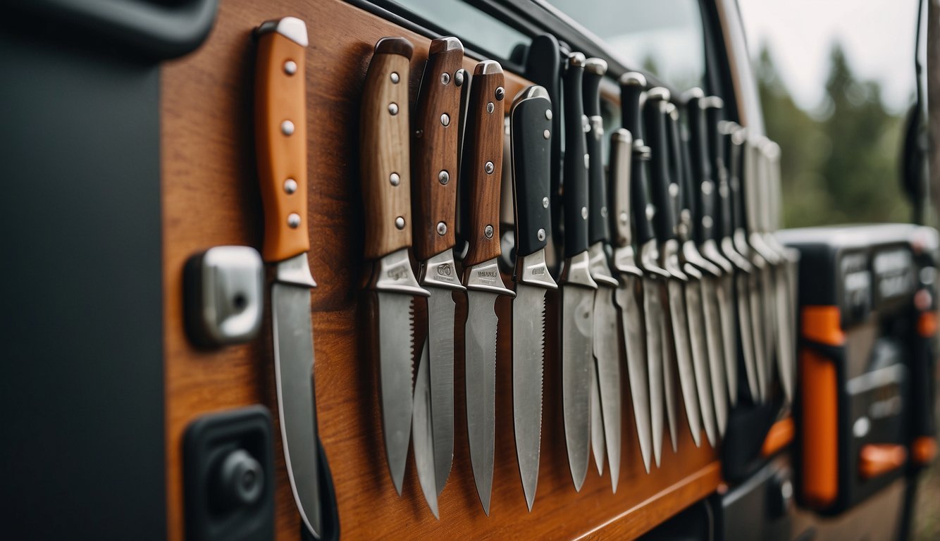 A compact knife storage rack hangs on a camper's wall, holding various knives and tools for outdoor enthusiasts