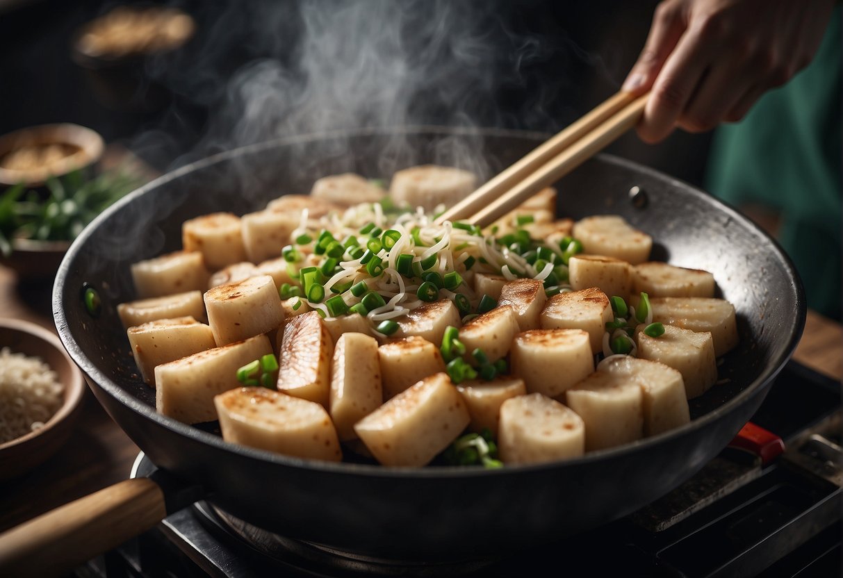 Chinese yam being sliced and stir-fried in a wok with garlic, ginger, and green onions, creating a sizzling and aromatic dish