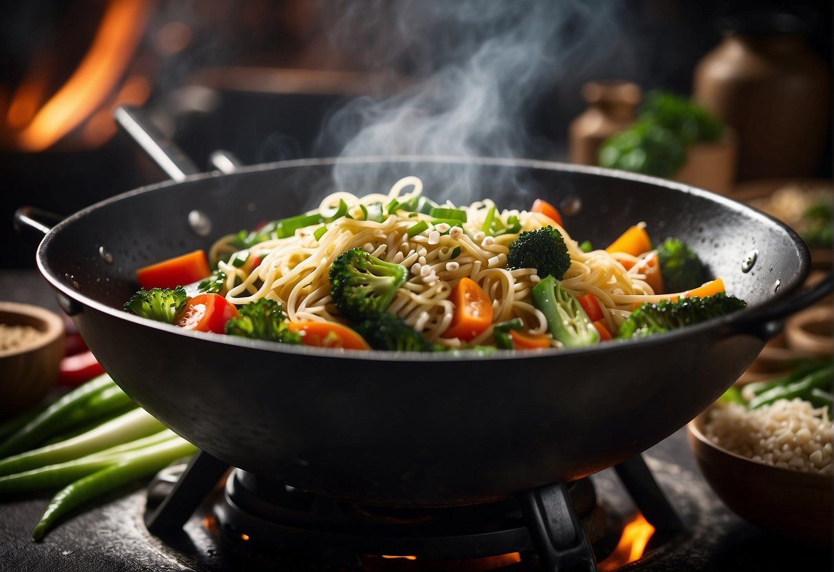 A wok sizzles with stir-fried vegetables and steaming Chinese noodles, garnished with sesame seeds and green onions