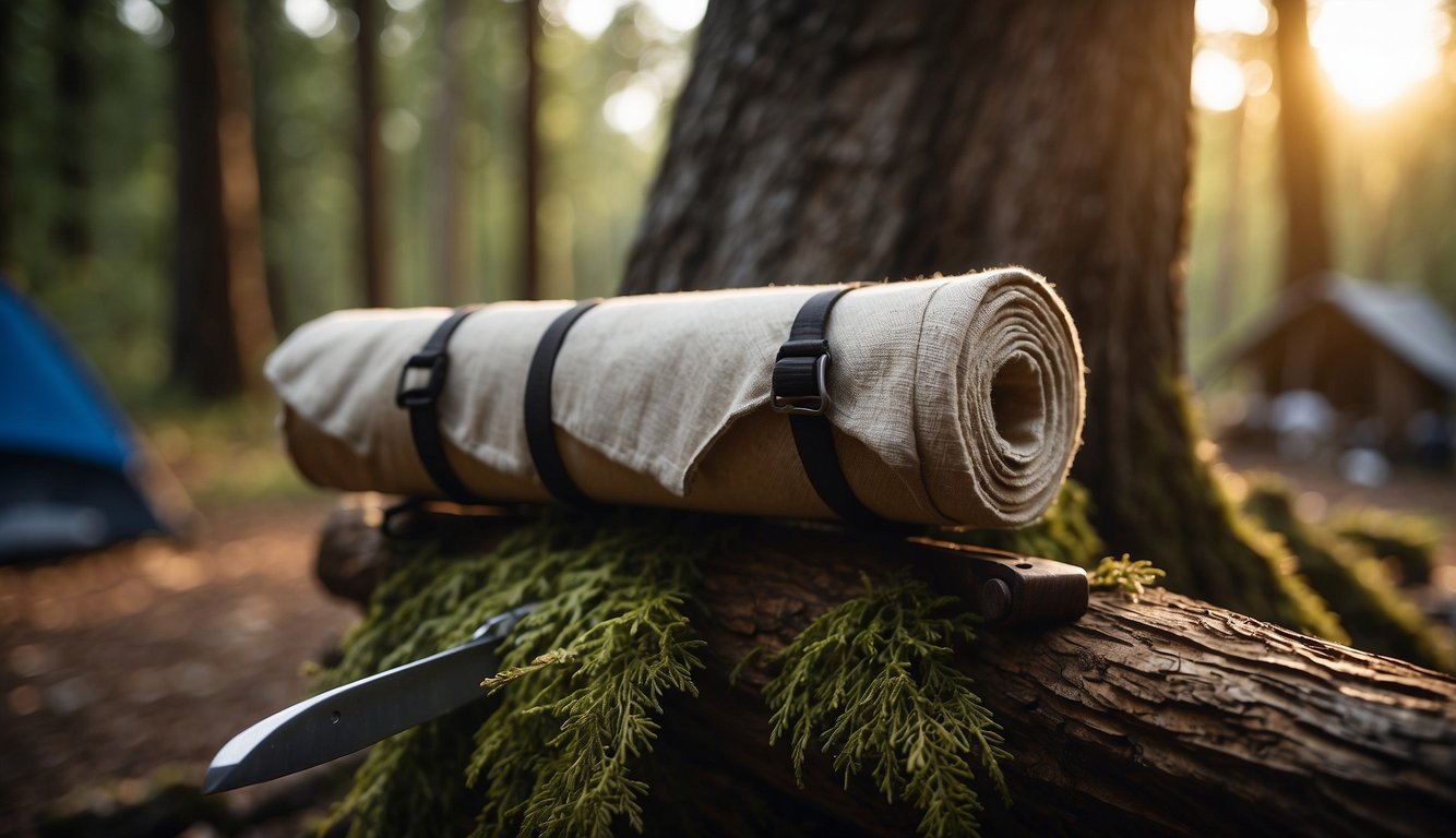 A sturdy canvas roll with individual slots holds various knives. It hangs from a tree branch in a rustic camping site, surrounded by outdoor gear and a crackling campfire