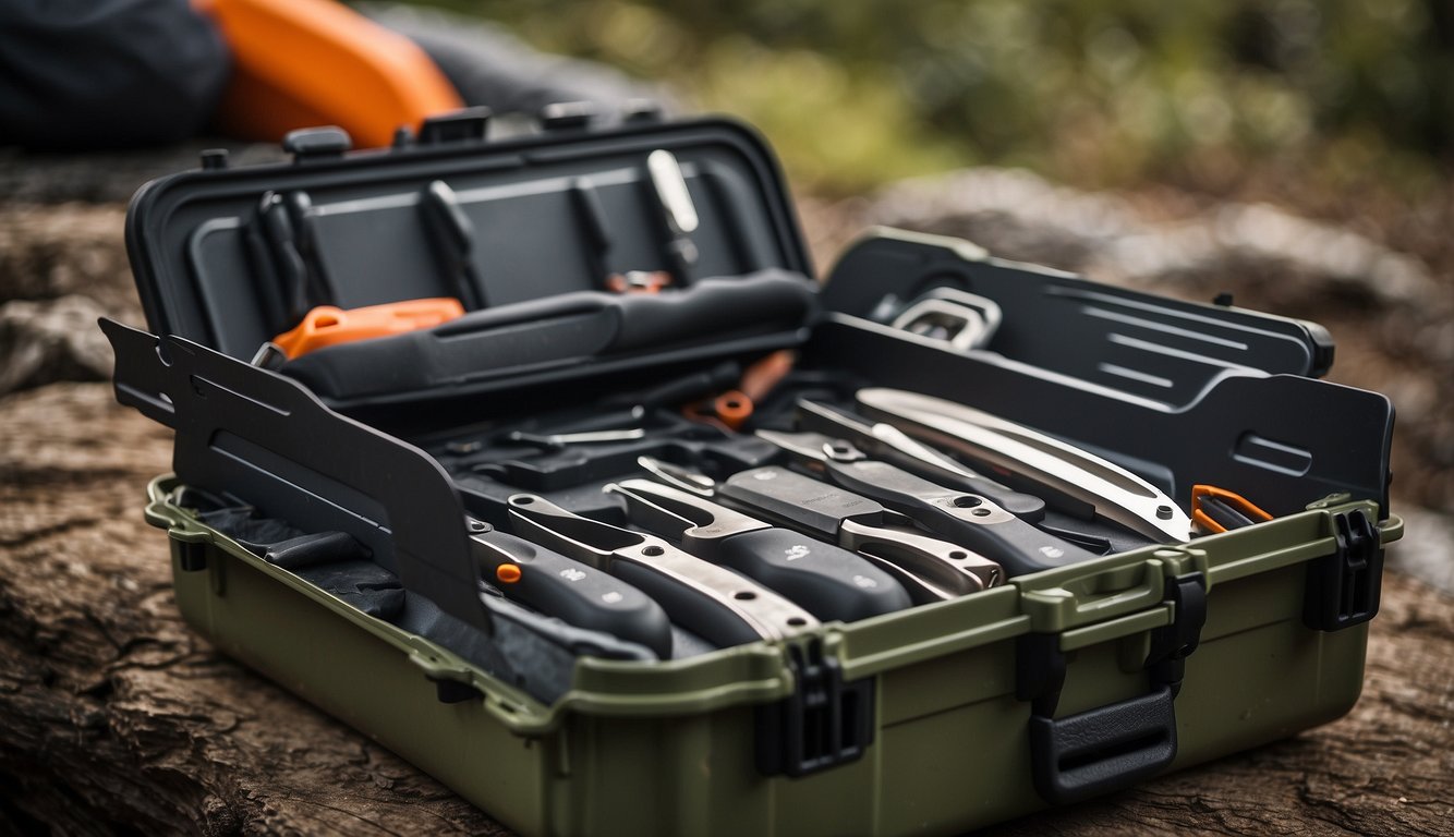 A sturdy, weather-resistant storage container holds an assortment of knives, sheaths, and sharpening tools. The container is surrounded by camping gear and outdoor equipment, suggesting its suitability for outdoor enthusiasts