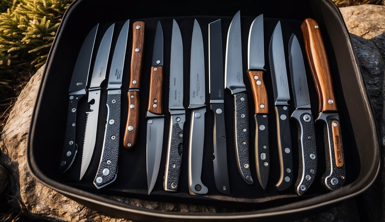 A variety of knives neatly organized in a compact, portable storage system designed for campers and outdoor enthusiasts