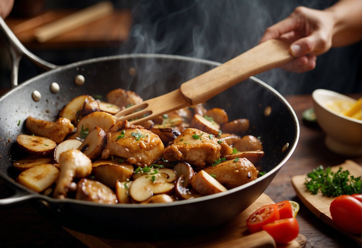 Chicken and mushrooms sizzle in a wok over high heat. A chef tosses them with a wooden spatula, adding soy sauce and ginger