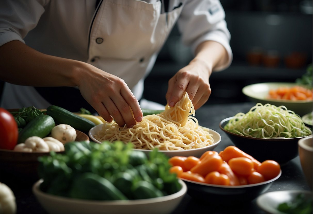A chef selects fresh vegetables and noodles for a Chinese recipe