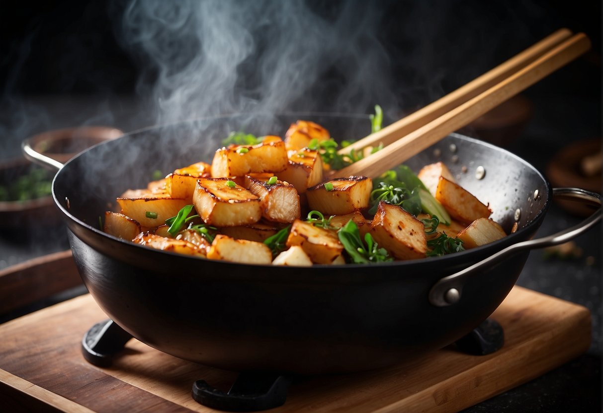 A wok sizzles as Chinese yam, garlic, and ginger fry in hot oil. Soy sauce and sugar are added, creating a savory aroma