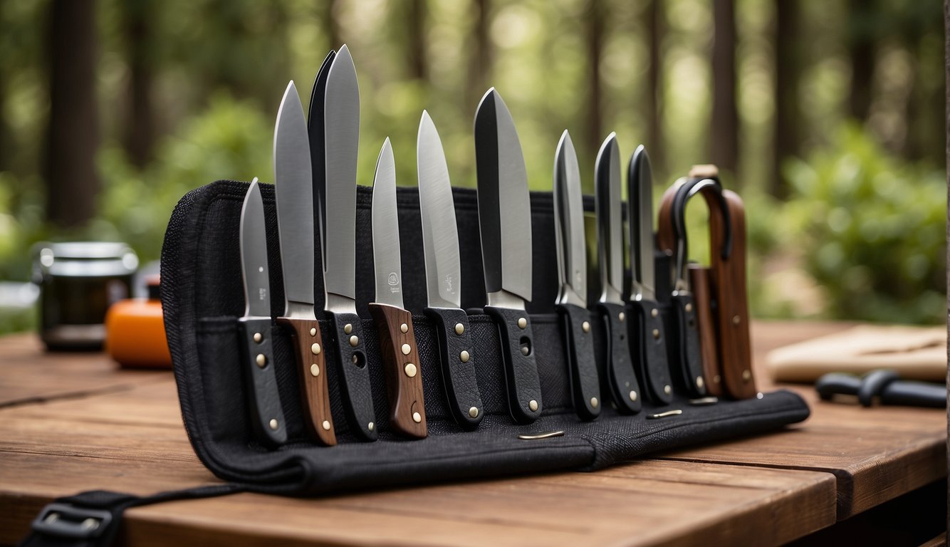 A wall-mounted magnetic strip holds a variety of knives, while a compact knife roll sits neatly on a camping table, showcasing accessible and tidy knife storage solutions for outdoor enthusiasts